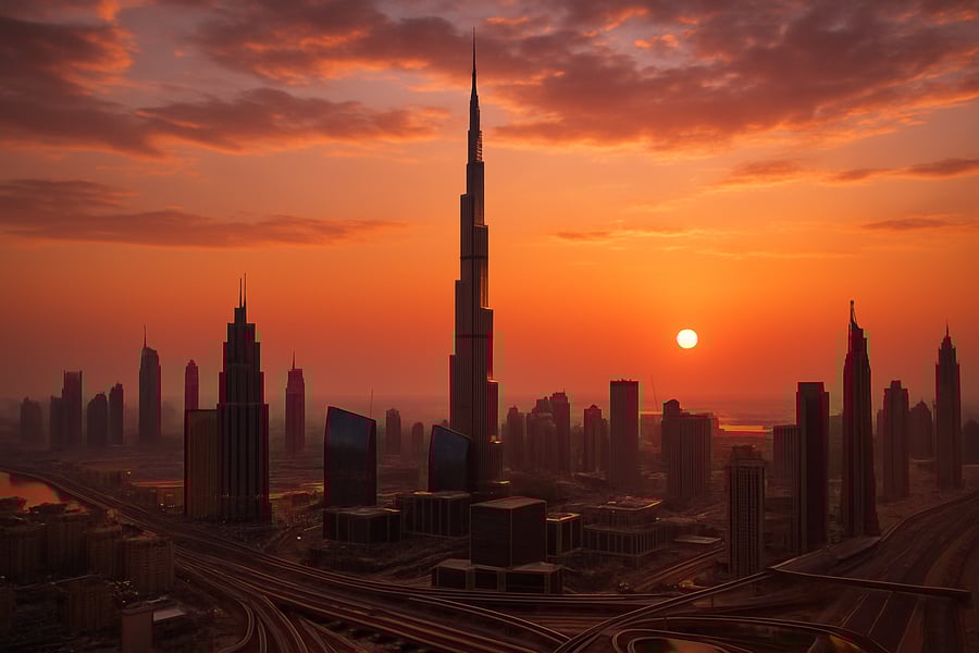 Dubai city skyline with Burj Khalifa at sunset