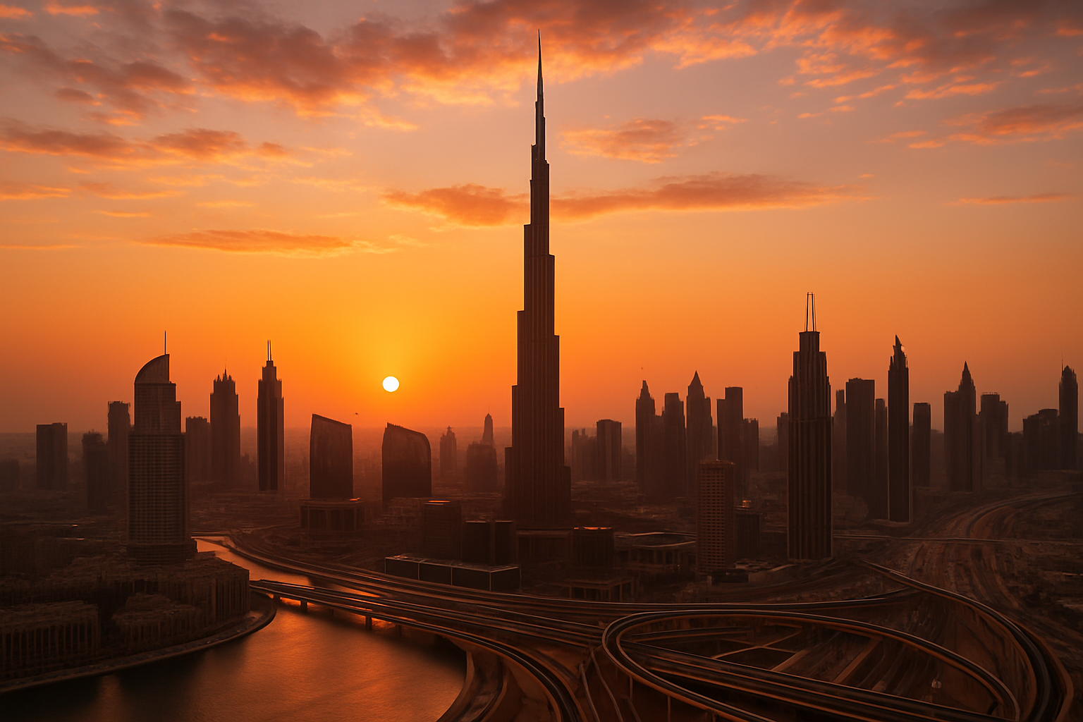 Dubai skyline with Burj Khalifa at sunset